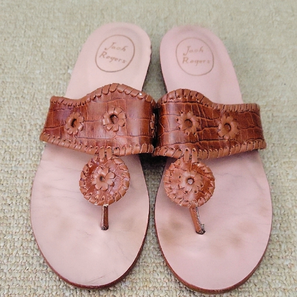 Jack Rogers Brown Leather Sandals with Whipstitched Detailing